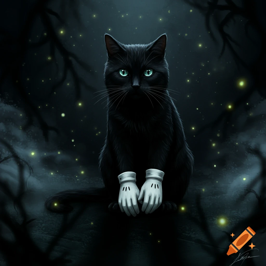 A sleek black cat with glowing green eyes sits in a dark, magical forest, wearing white cartoon gloves amidst sparkling lights.
