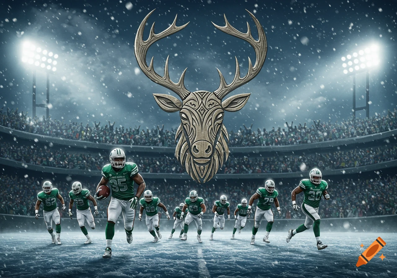 An NFL football team, the Rochester Reindeers, runs on a snowy field in a stadium during a game, with a large deer head logo floating above.