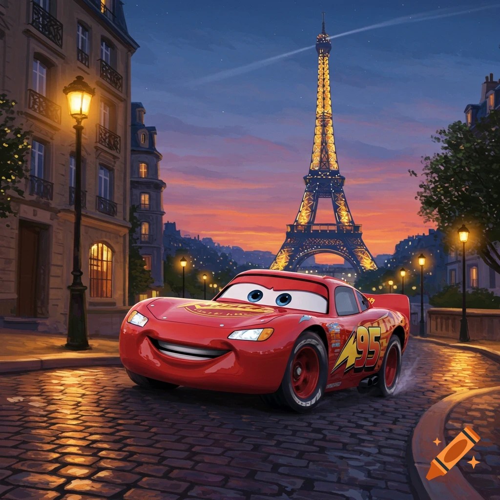 Lightning McQueen drives on a cobblestone street in Paris, with the Eiffel Tower glowing at sunset.