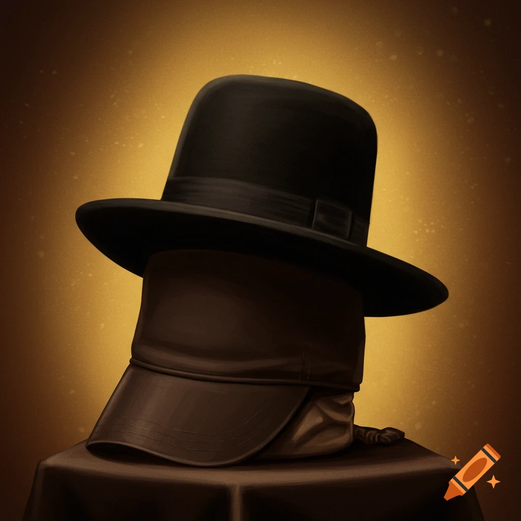 A digital painting of a black top hat resting on a brown baseball cap against a golden textured background.