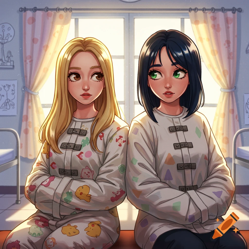 Two cartoon-style young women, one blonde with brown eyes and one brunette with green eyes, sit wearing patterned straitjackets in a bright hospital room.