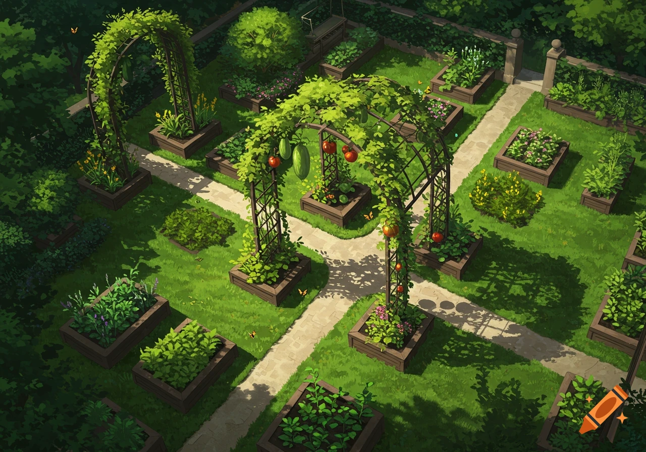 Birds-eye view of a vibrant potager garden with raised vegetable beds, leafy arched trellises, and winding pathways.