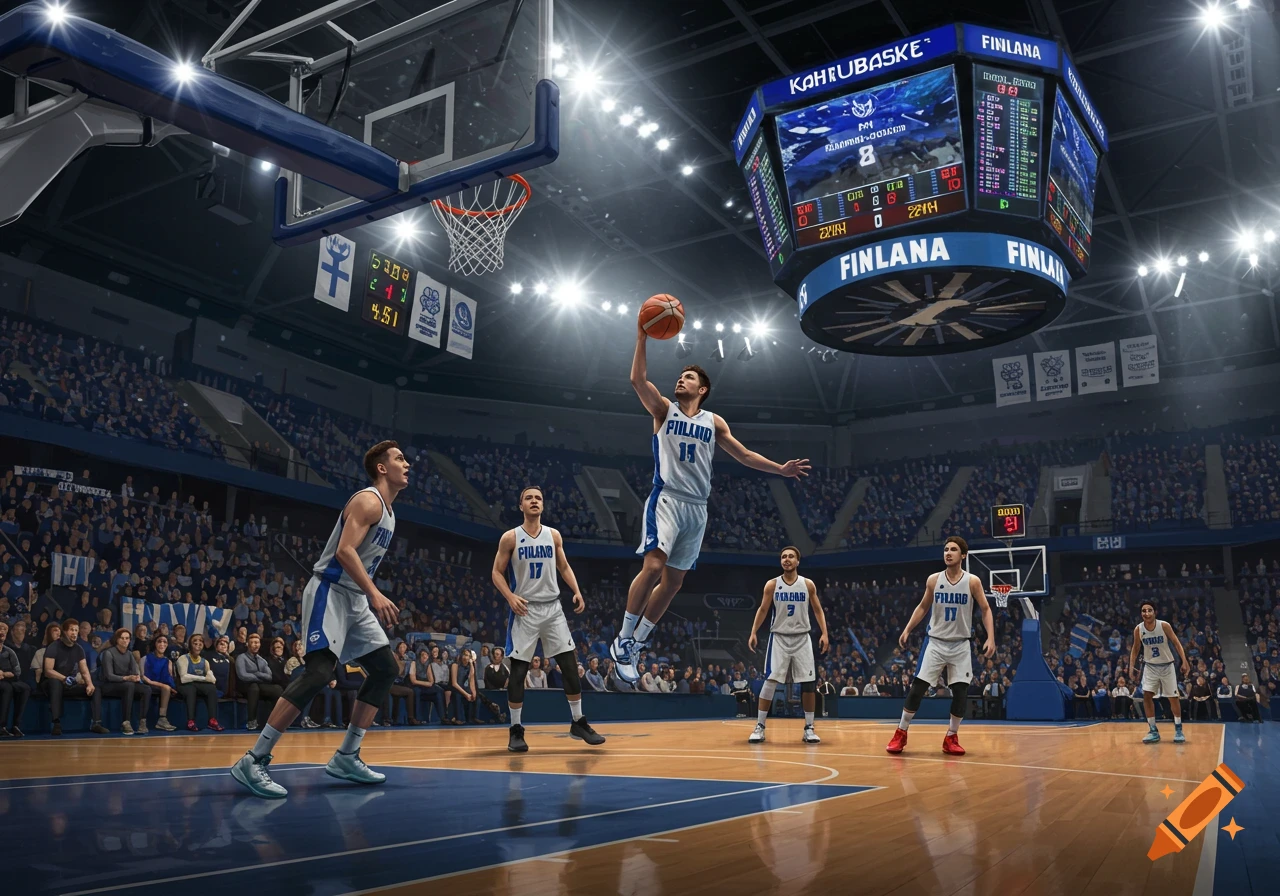 Photorealistic image of a basketball player jumping to dunk in a brightly lit arena during a game with spectators.