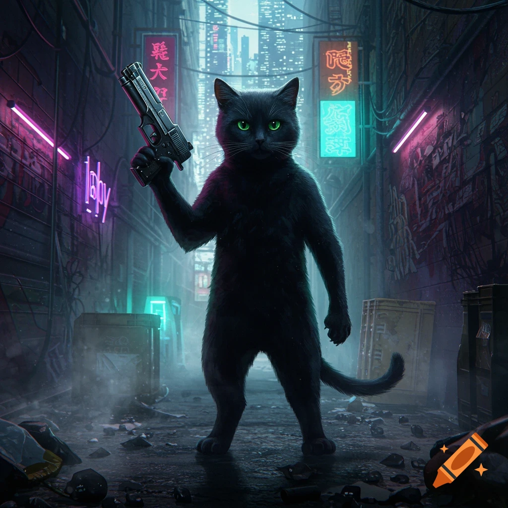 A black cat with glowing green eyes stands upright in a dark, neon-lit cyberpunk alley, holding a large pistol in its right paw.