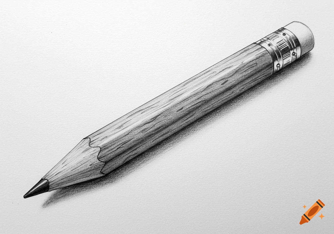 A realistic graphite drawing of a wooden pencil with an eraser.
