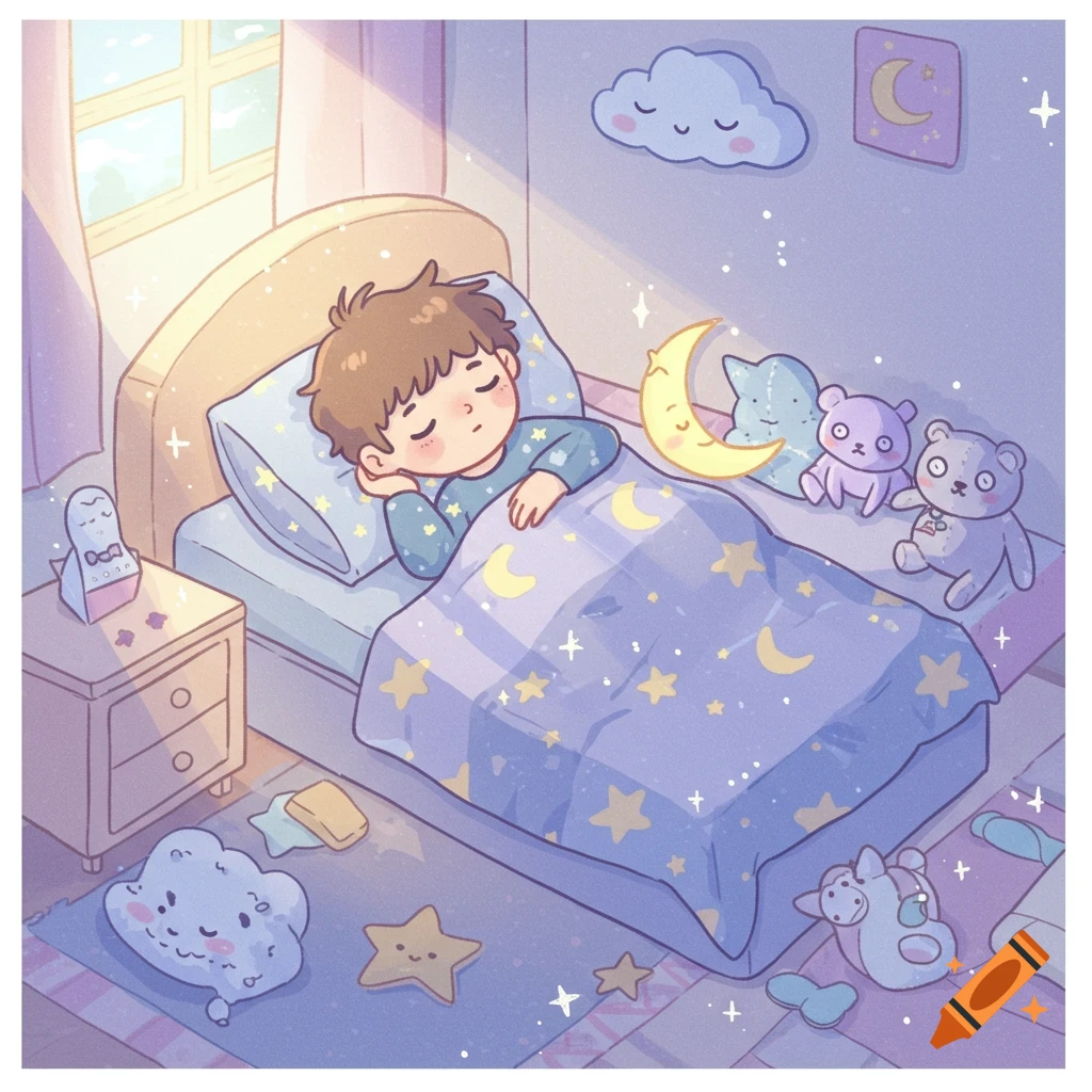 A charming cartoon illustration of a young boy sleeping peacefully in his bed, surrounded by whimsical moon and star patterns on his blanket and toys.