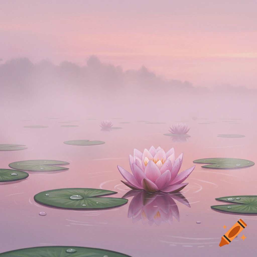 A vibrant pink water lily floats on calm water surrounded by green lily pads, with a misty pink sky in the background.