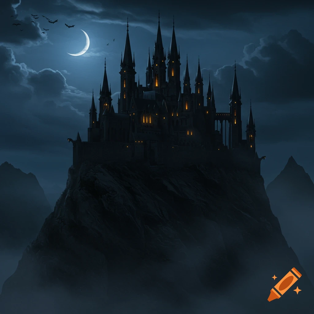A dark fantasy castle sits atop a rocky hilltop under a crescent moon, with bats flying and illuminated windows.