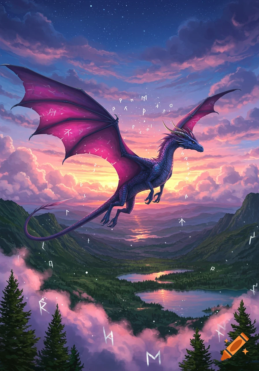 A purple and blue dragon with magenta wings flies over a magical valley with lakes at sunset, surrounded by glowing runes.