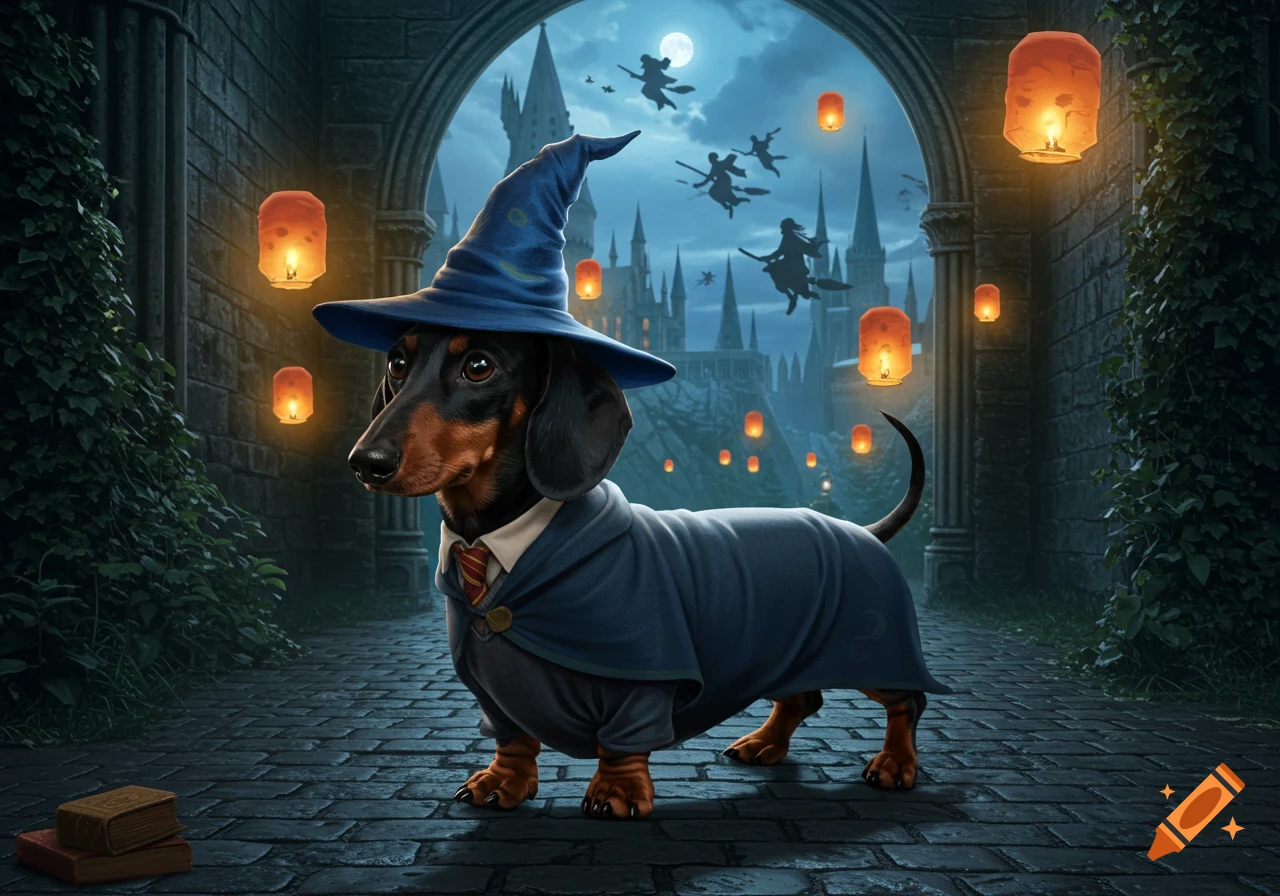 A dachshund in a blue wizard hat and cape stands on a cobblestone path in a fantasy castle archway with flying witches and glowing lanterns in the background.