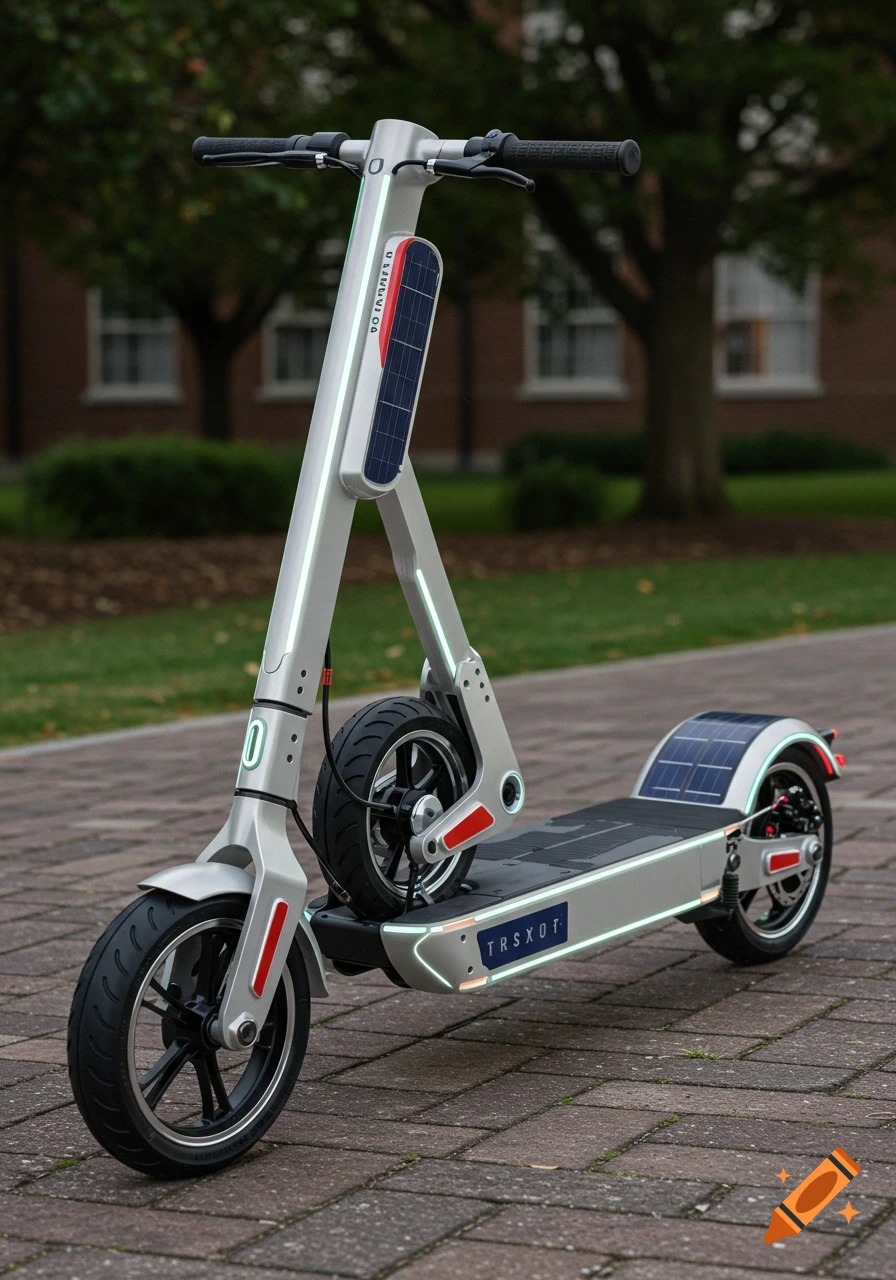 Silver electric scooter with solar panels on the front column and rear fender, parked on a brick path.