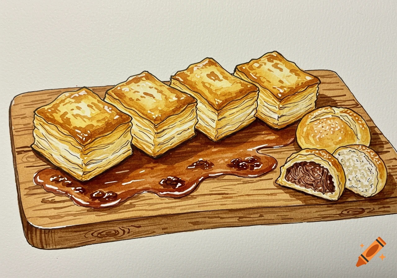 A watercolor illustration of four square pastries and two round buns, one cut open to show a savory filling, on a wooden board with sauce.