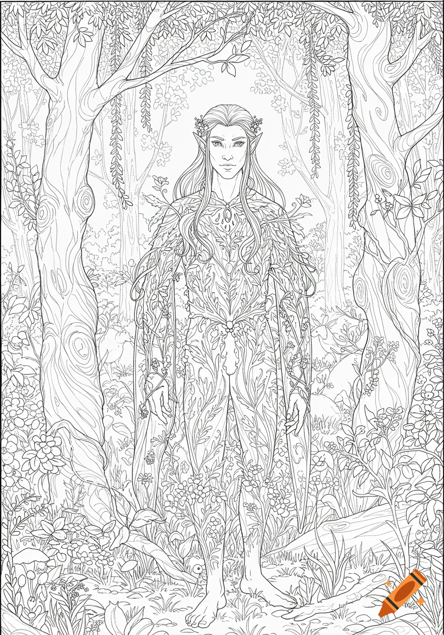 Line art coloring page of a barefoot male elf with long hair and leafy clothes standing in a dense forest.