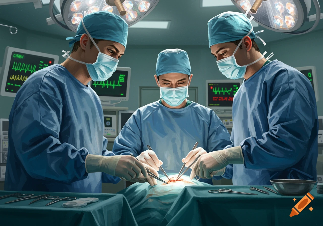 Three surgeons in blue scrubs and masks performing an operation in a brightly lit operating room with medical monitors. Stylized digital art.