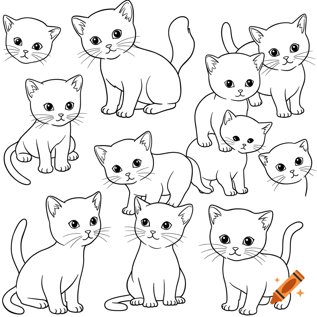 Simple black and white line art of multiple cute baby cats, styled for a coloring book.