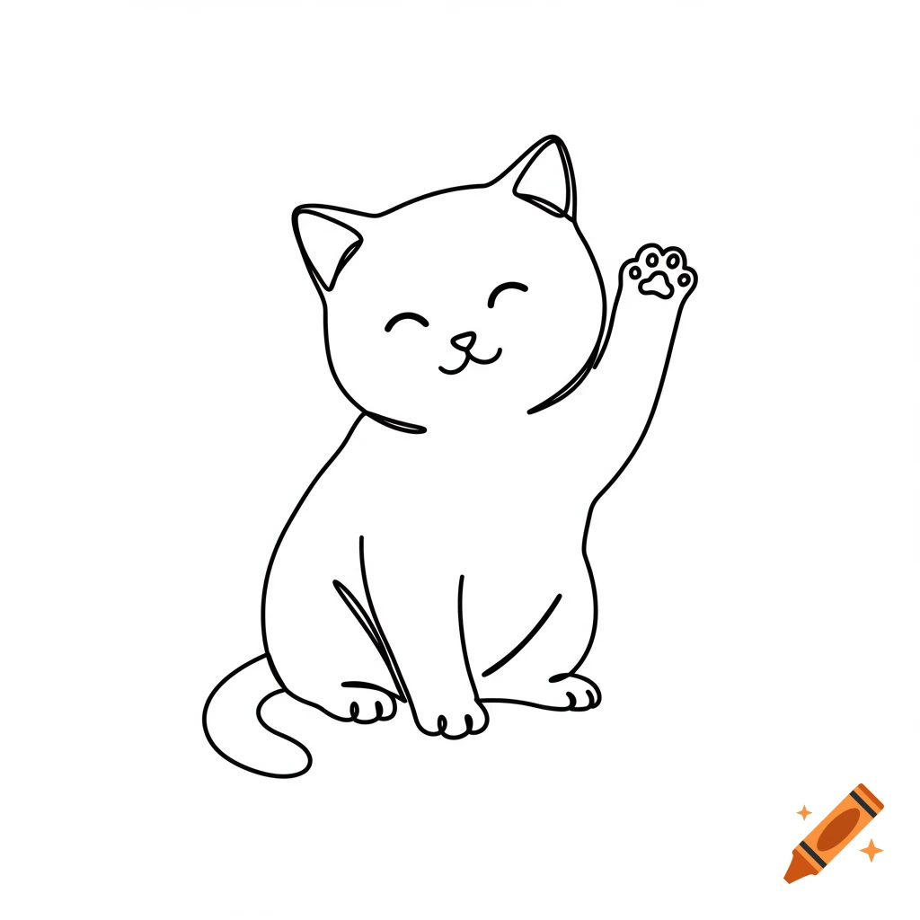 Minimalist line art of a cheerful chubby cat sitting with one paw raised, on a white background.