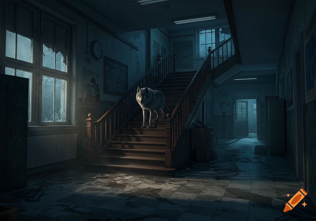 A photorealistic image of a gray wolf standing on a grand wooden staircase in a dark, abandoned school hallway, illuminated by moonlight through broken windows.
