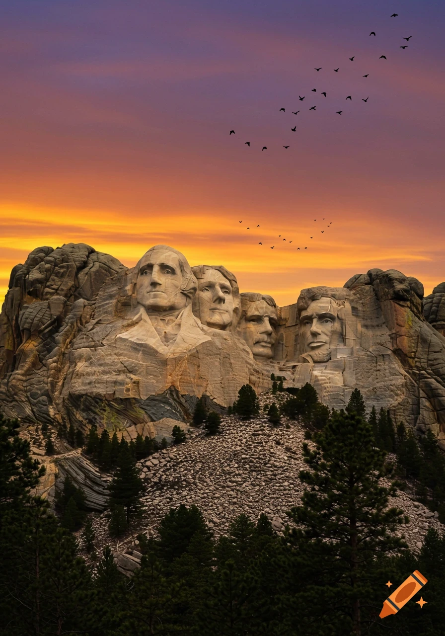 Photorealistic image of Mount Rushmore at sunset with birds flying in the sky.