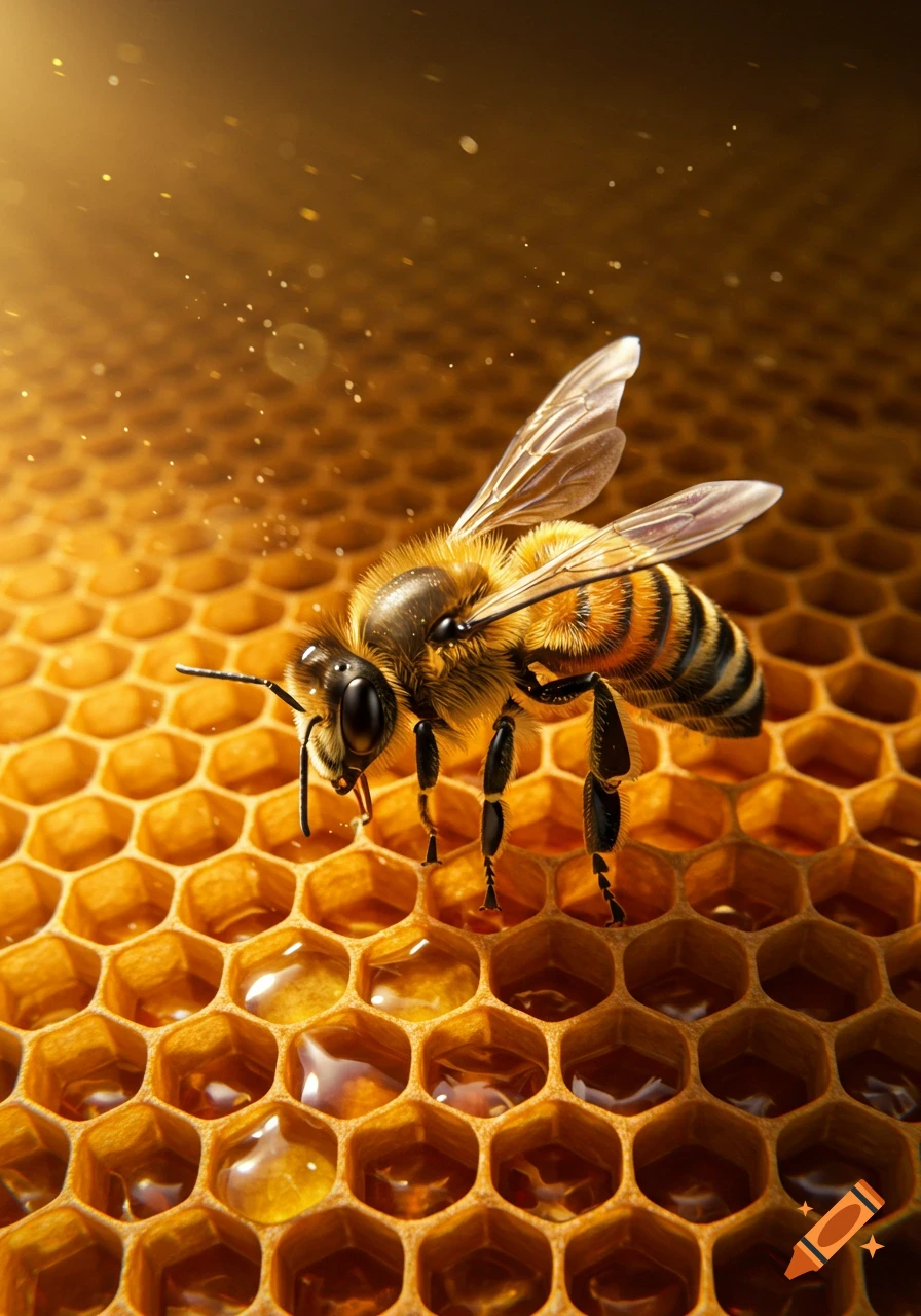 Close-up photorealistic image of a honeybee on a golden honeycomb filled with honey, with warm light and floating pollen particles.