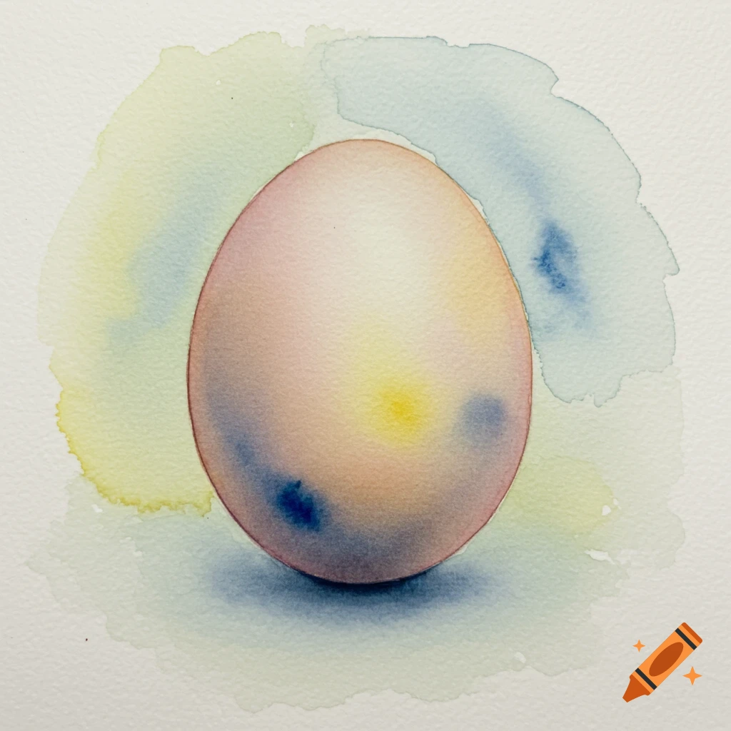 Watercolor painting of an egg with soft, blending colors against a subtle painted background.