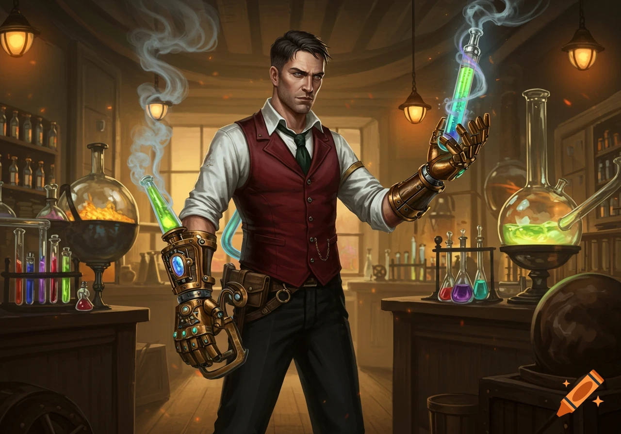 A serious male alchemist in a steampunk lab holds glowing vials, wearing a red vest and ornate gauntlets. Digital painting.