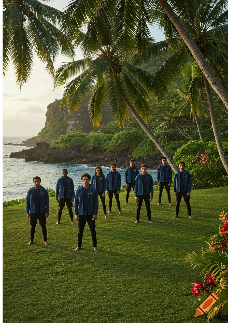A group of young men in blue jackets and black shirts stand barefoot on a grassy hill overlooking a tropical ocean with palm trees and cliffs.