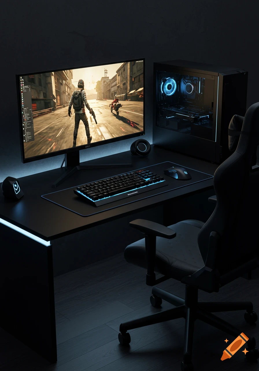 A photorealistic, all-black gaming setup illuminated by blue LED lights, displaying a third-person shooter video game on the monitor.