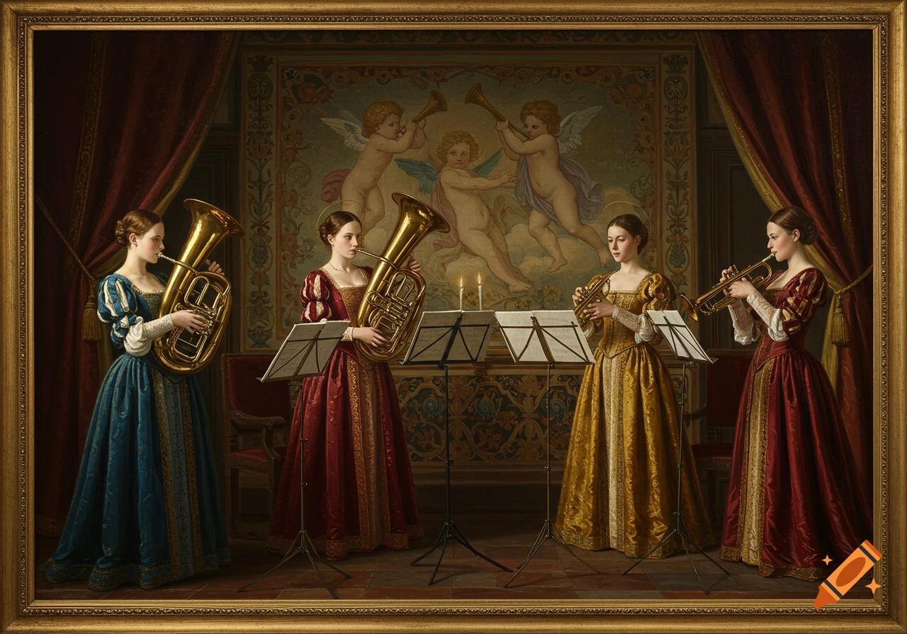 Four women in ornate Renaissance gowns play brass instruments in a detailed painting, with a mural of putti in the background.