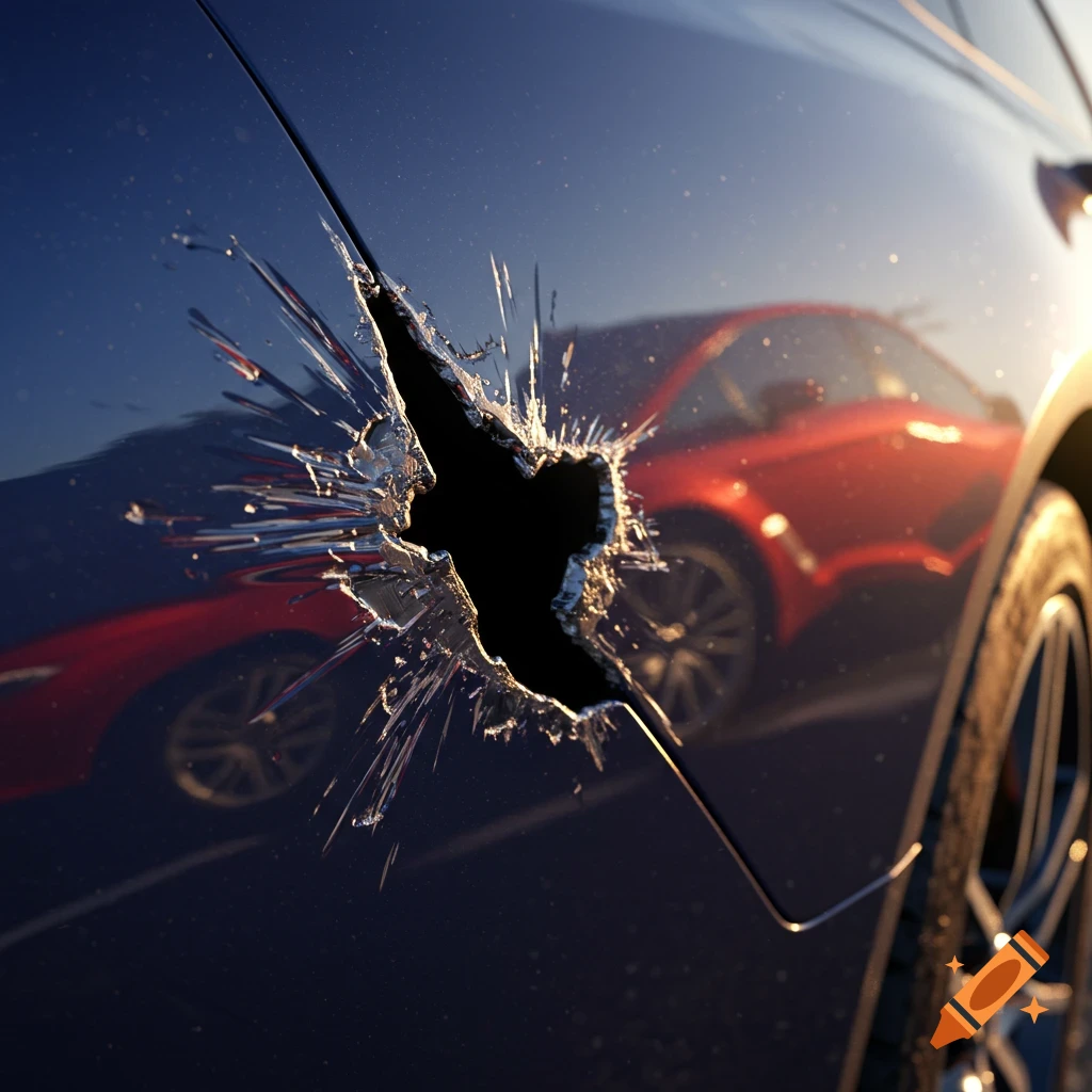 Close-up of a shattered hole in the blue body of a car, reflecting a red car in the background.