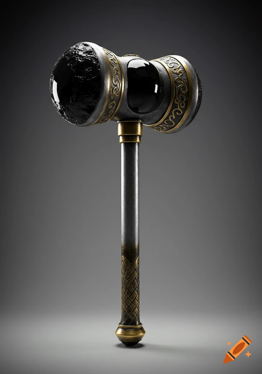 A detailed fantasy maul with a burnished silver handle, gold ornate trim, and a smooth, dark black spherical head.