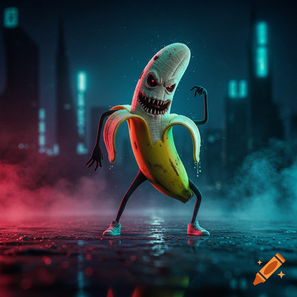A scary banana monster with red eyes and sharp teeth poses on a wet city street at night with neon lights.