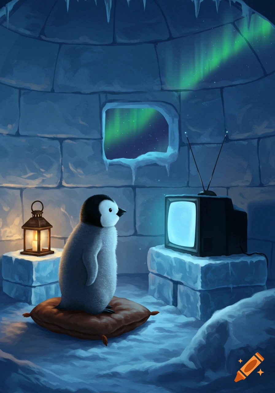 A fluffy baby penguin on a pillow watches an old TV in a cozy igloo, illuminated by a lantern and aurora borealis.