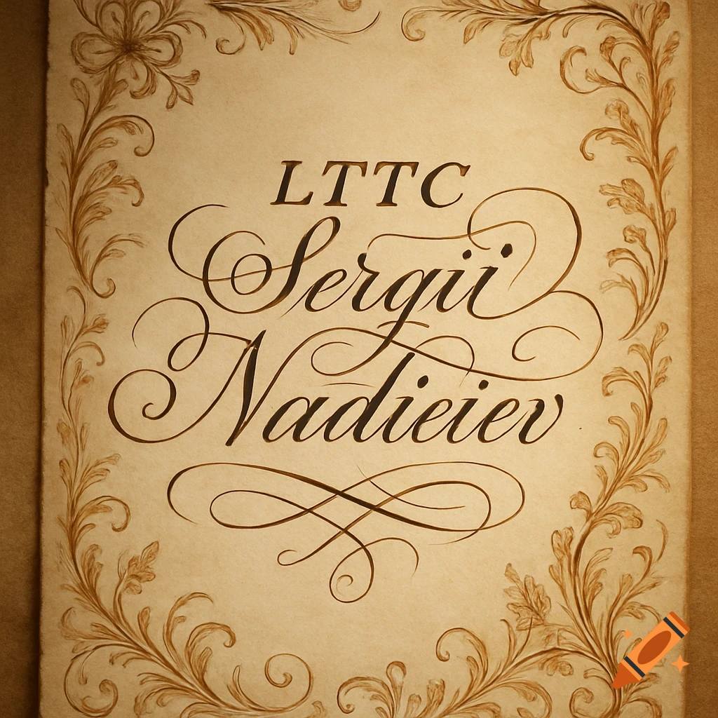 Brown calligraphic text 'LTTC Sergii Nadieiev' on a parchment background with ornate antique flourishes.