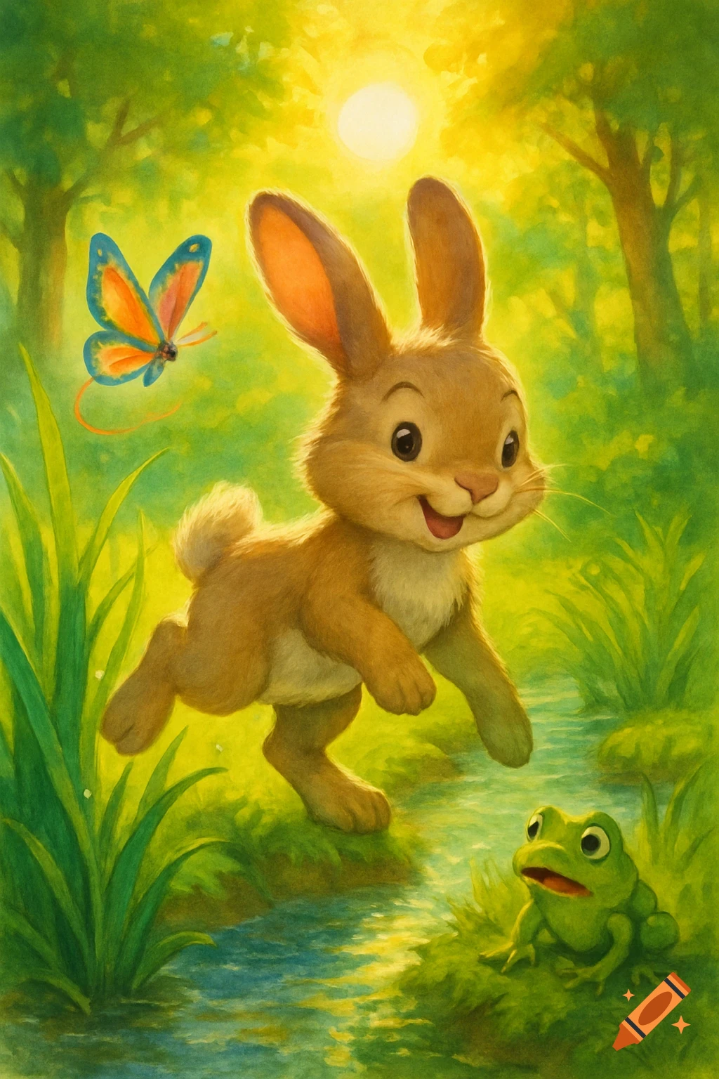 A happy cartoon bunny hops over a stream past a frog and butterfly in a bright, whimsical forest illustration.
