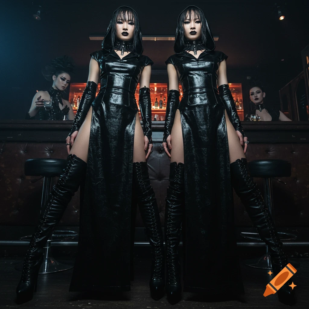 Two Asian women in black hooded leather dresses, thigh-high boots, and dark makeup stand in a dark nightclub bar, looking at the camera from a low angle.