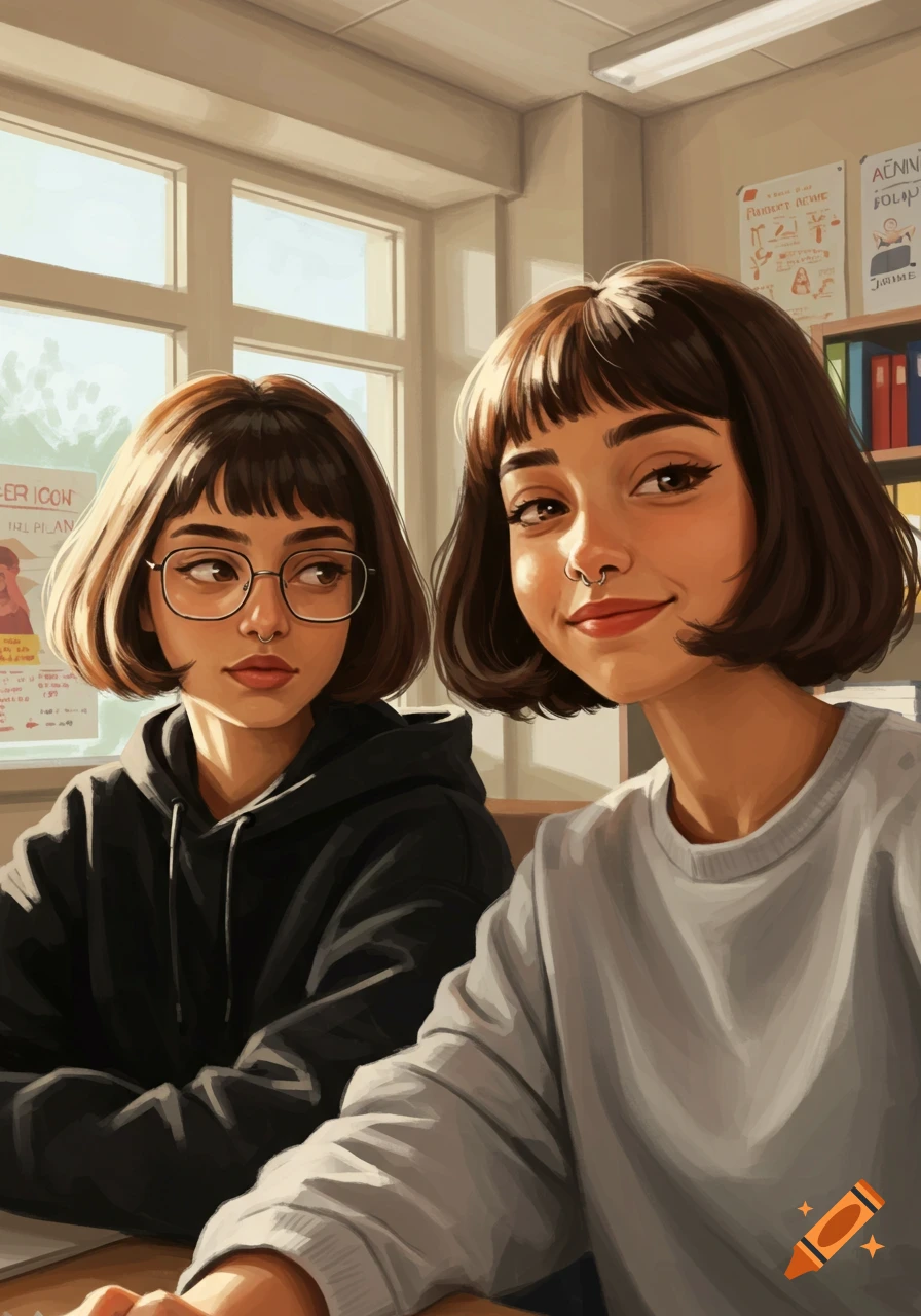 Two young women with bob haircuts and nose piercings in a bright digital art classroom. One smiles, the other looks away.