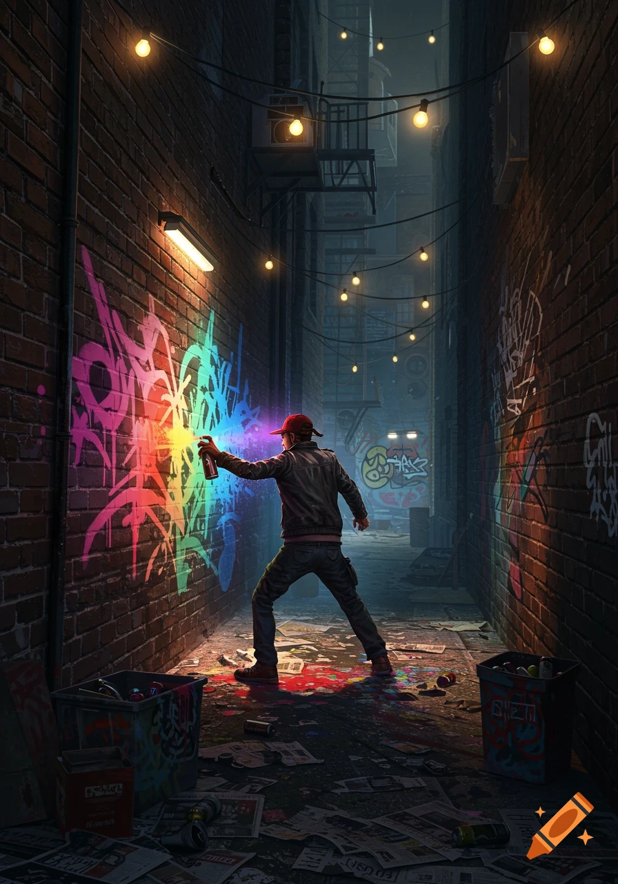 A graffiti artist in a dark alley sprays vibrant rainbow colors onto a brick wall, illuminated by string lights.
