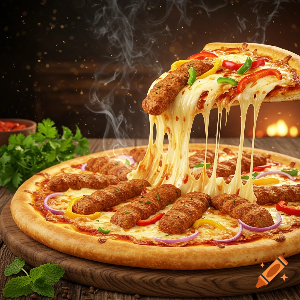 Photorealistic hot kebab pizza with a slice being lifted, creating long, melted cheese strings over the pizza topped with kebab, onions, and peppers.