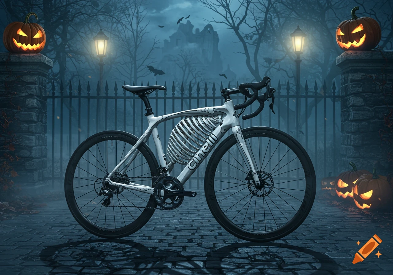 A white road bike with a skeleton rib cage frame in a spooky Halloween setting with carved pumpkins, bats, and a misty castle background.