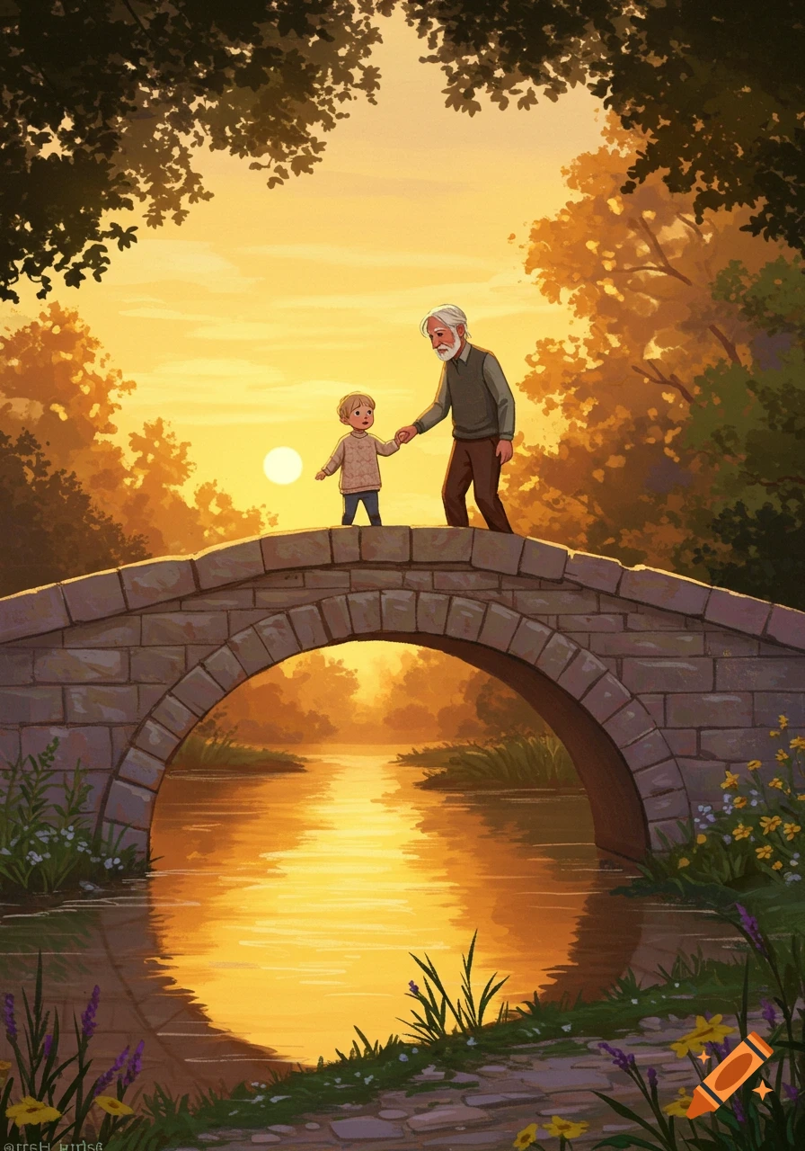Illustrated old man and child holding hands, walking on a stone bridge over a river at sunset with trees. Warm tones.