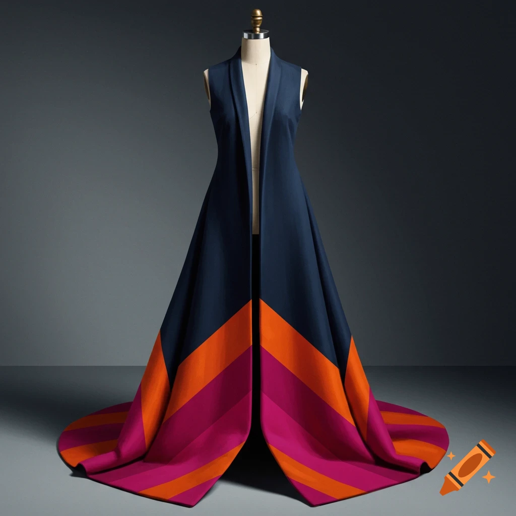 Dark blue sleeveless long waistcoat with orange and magenta stripes at the bottom, displayed on a mannequin.