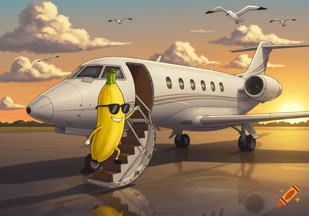 A cool cartoon banana wearing sunglasses and waving while walking up the steps of a private jet on a tarmac at sunset with seagulls flying.