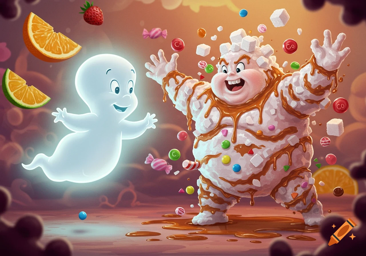 A cartoon illustration of Casper the Ghost floating towards a large, happy sugar and candy monster throwing sweets in a whimsical landscape.