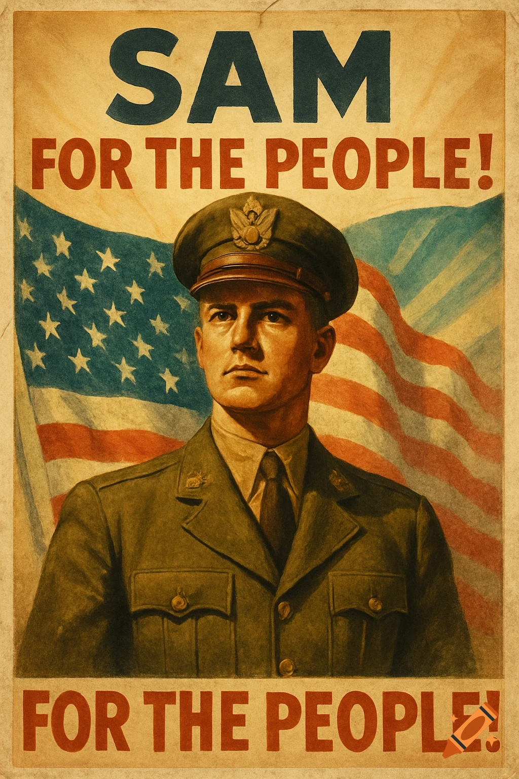 Vintage-style propaganda poster with a uniformed man in front of an American flag, text reads "SAM FOR THE PEOPLE!" and "FOR THE PEOPLE!"