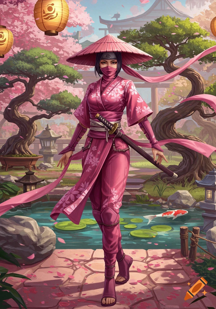 A pink kunoichi in a mask stands in a cherry blossom Japanese garden with a pond, digital art.