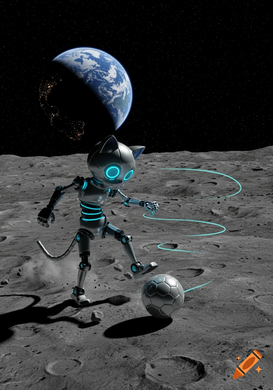 A cartoon robot cat plays soccer on the moon, with Earth visible in the background against a starry sky.