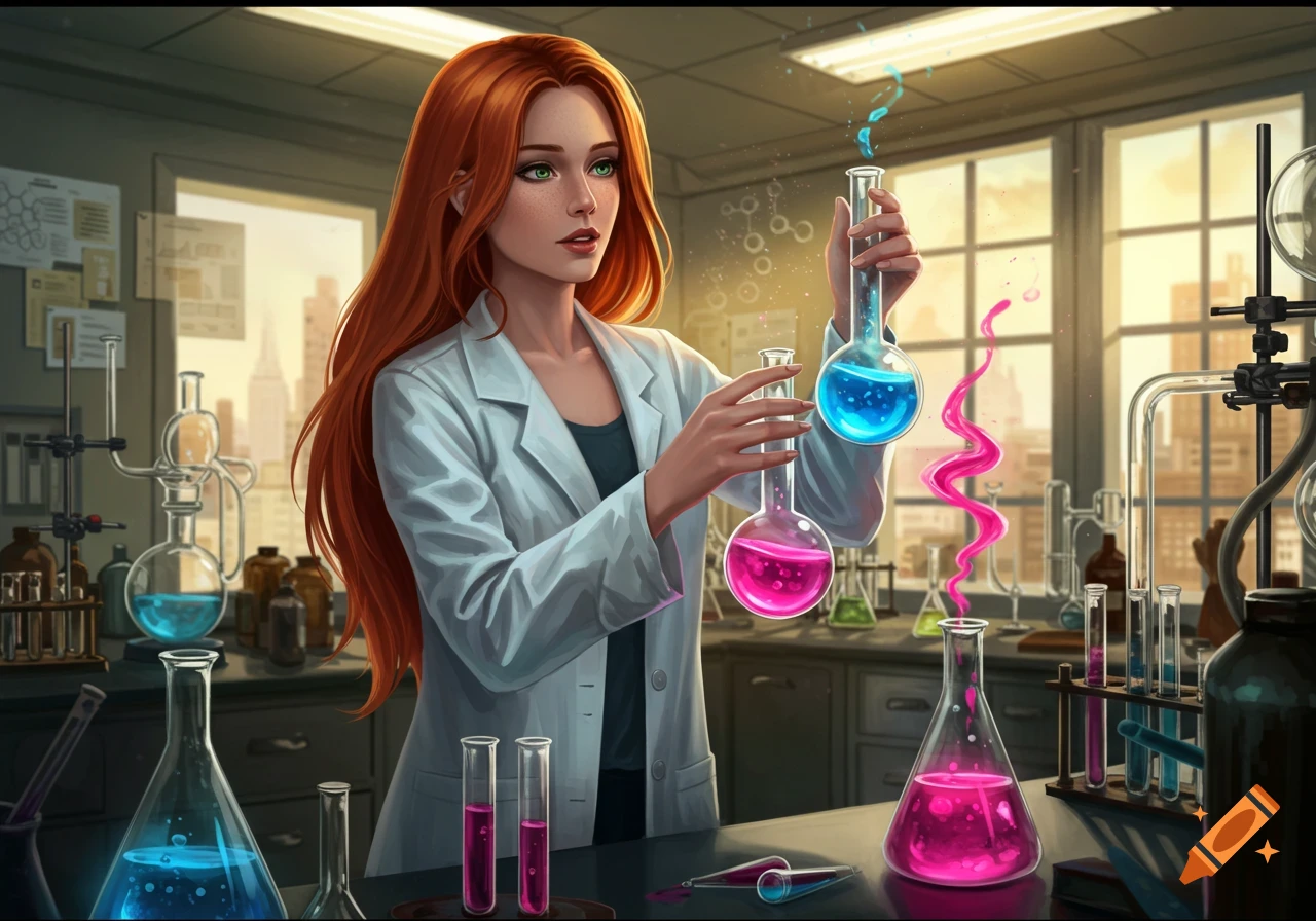 A red-haired woman chemist in a lab coat holds two beakers with glowing blue and pink liquids in a futuristic laboratory, digital art.