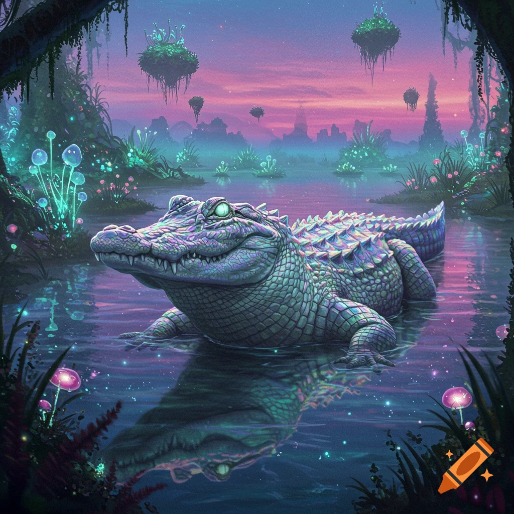 An iridescent, otherworldly alligator swims in a vibrant, bioluminescent swamp with floating islands under a pink and purple sky.