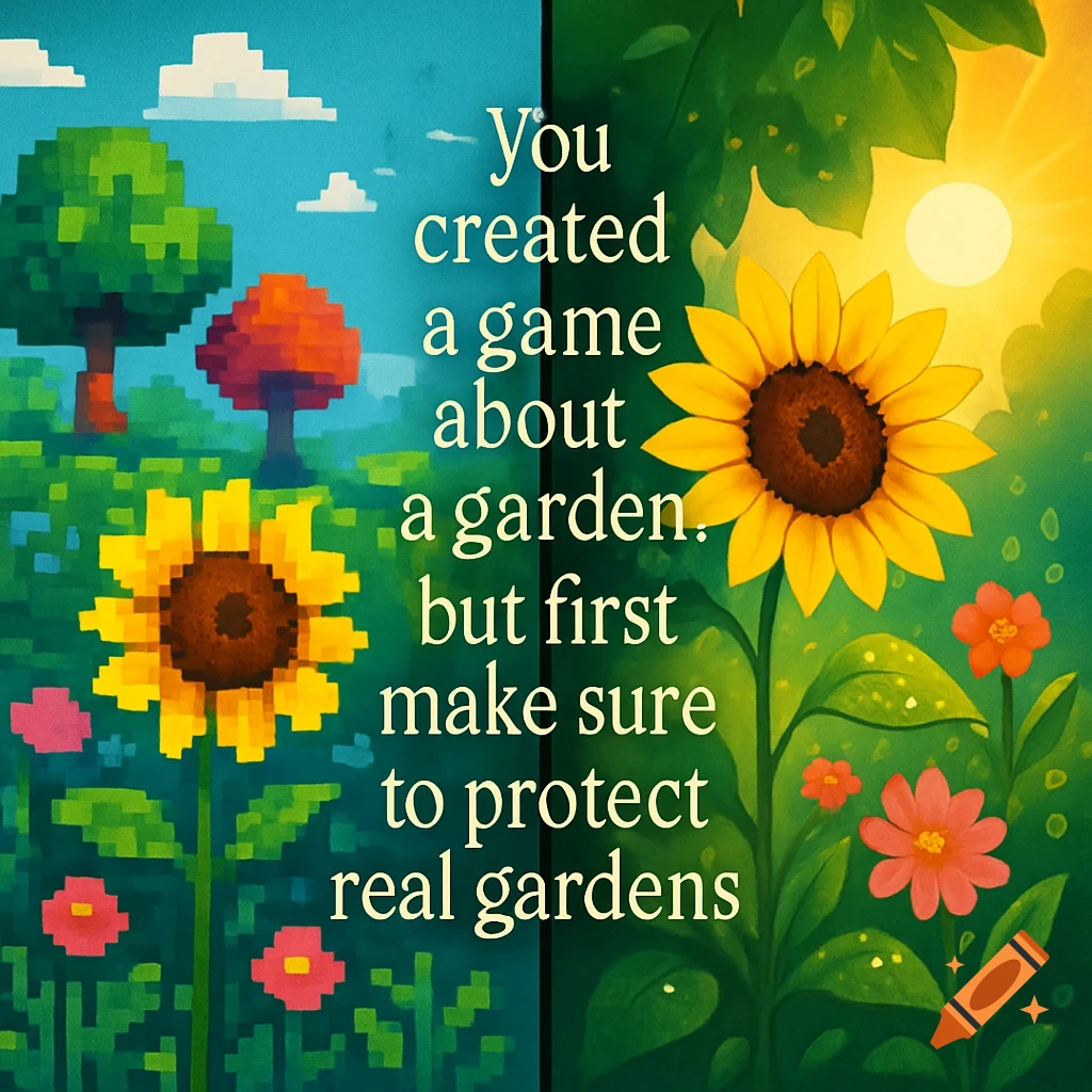 A split image showing a pixel art garden on the left and a lush, realistic garden on the right, with text overlapping both. A sunflower is on each side.