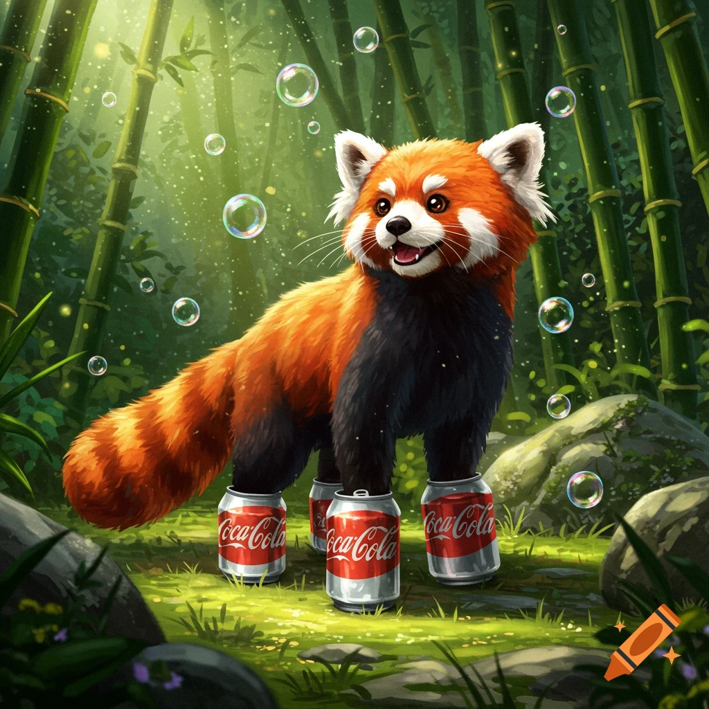 A cute, stylized red panda with Coca-Cola soda cans for legs stands in a sunny bamboo forest with bubbles floating around.